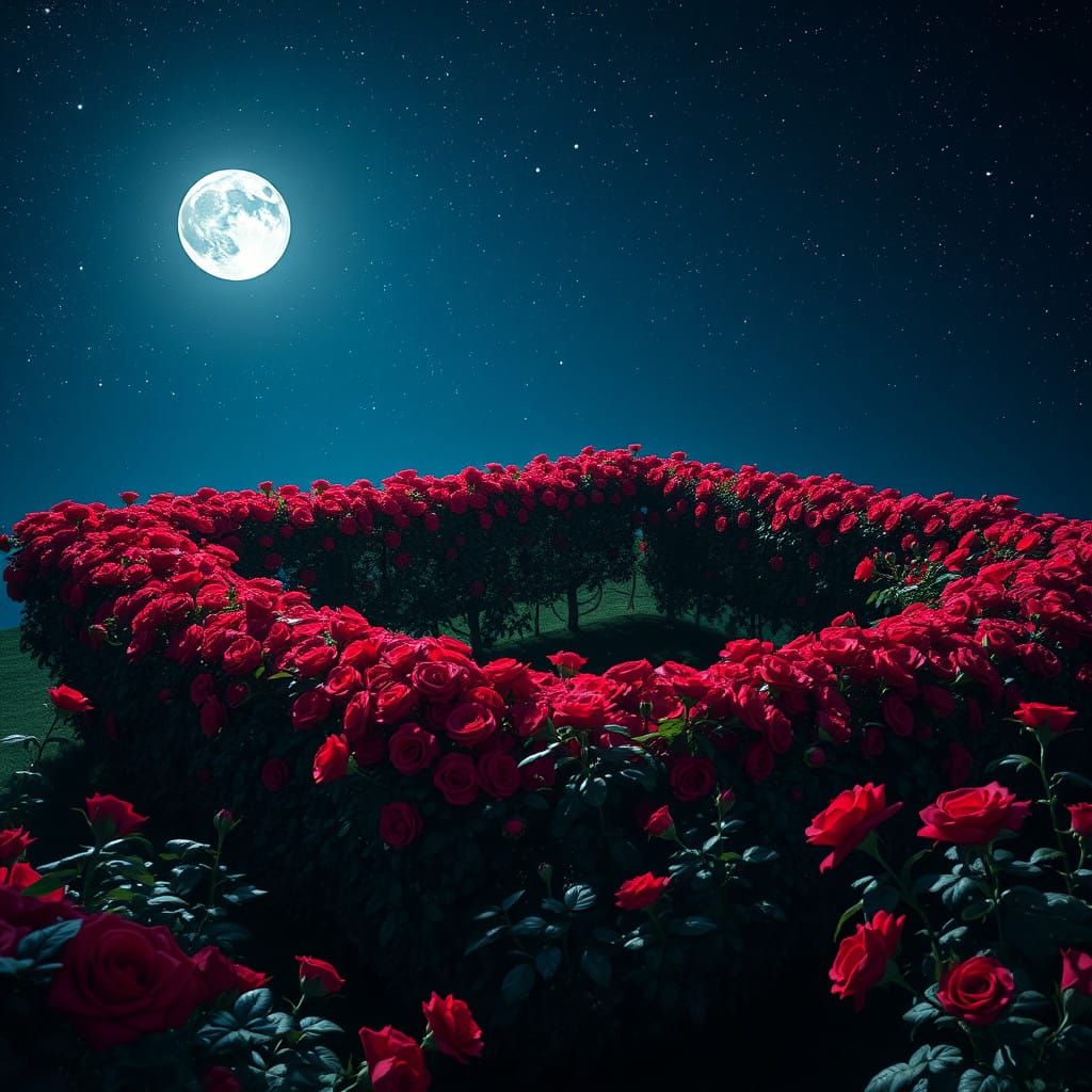 Romantic Moonlit Garden Enclosure in Vibrant Red Roses