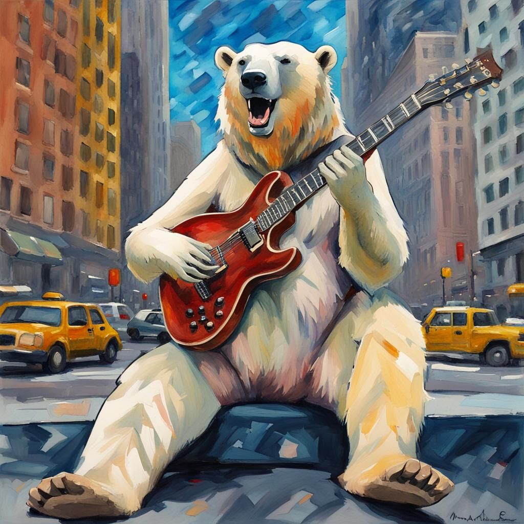 Cyberpunk Polar Bear Guitarist on Fifth Avenue