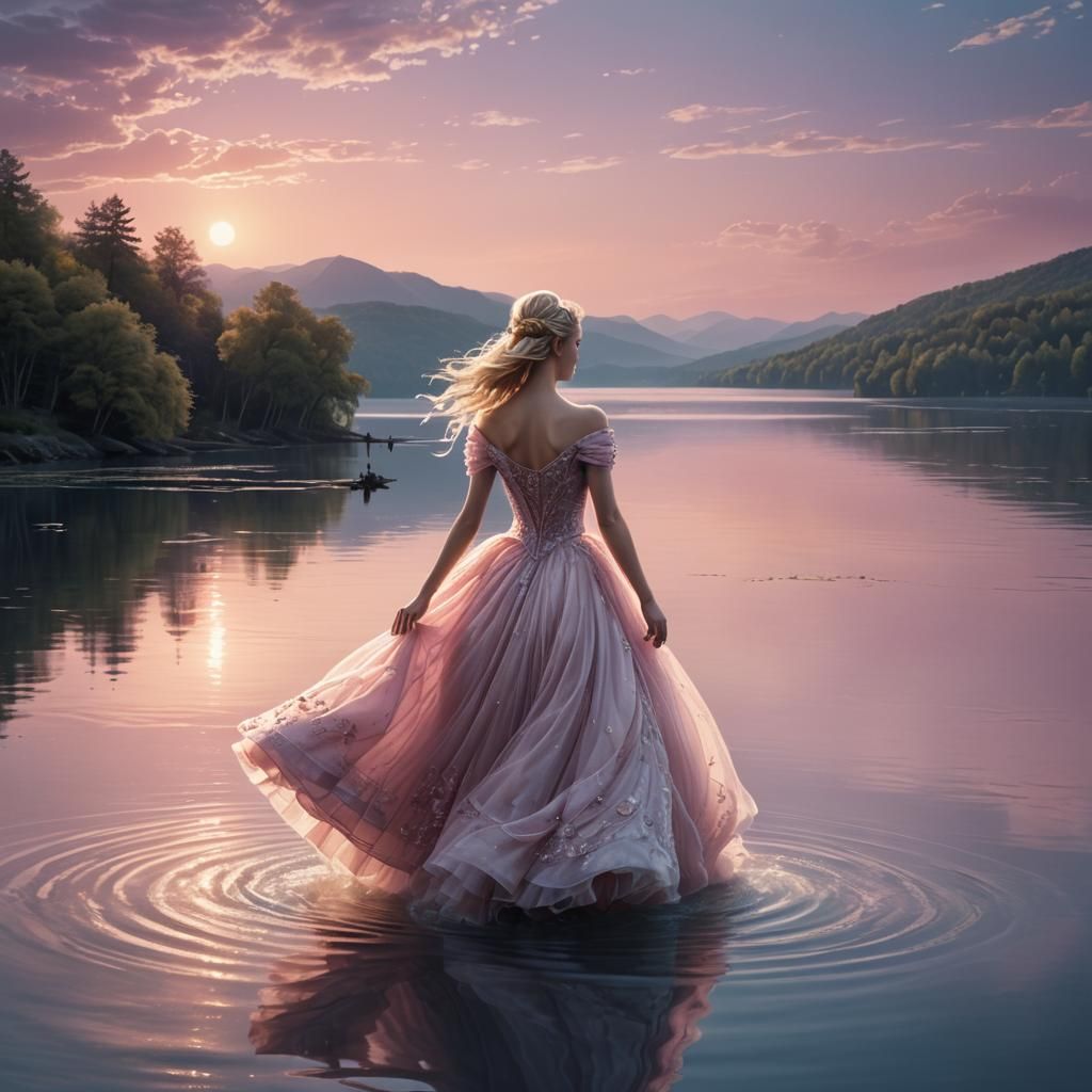 Girl in Pink Gown Walks on Dreamy Lake
