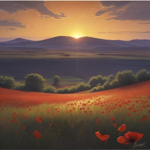 Hares Meeting in Poppy Field: Hyperrealistic Splash Art