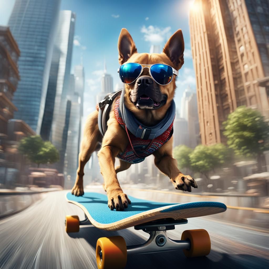 Dog on Skateboard Races Through Metropolis in 8K