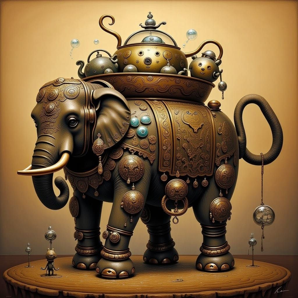 Ornate Wooden Elephant Carving in Folk Art Style