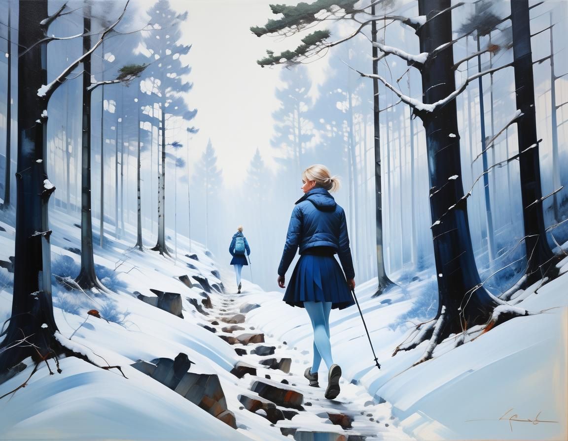 Scandinavian Winter Hike: Oil Painting in Impasto Style