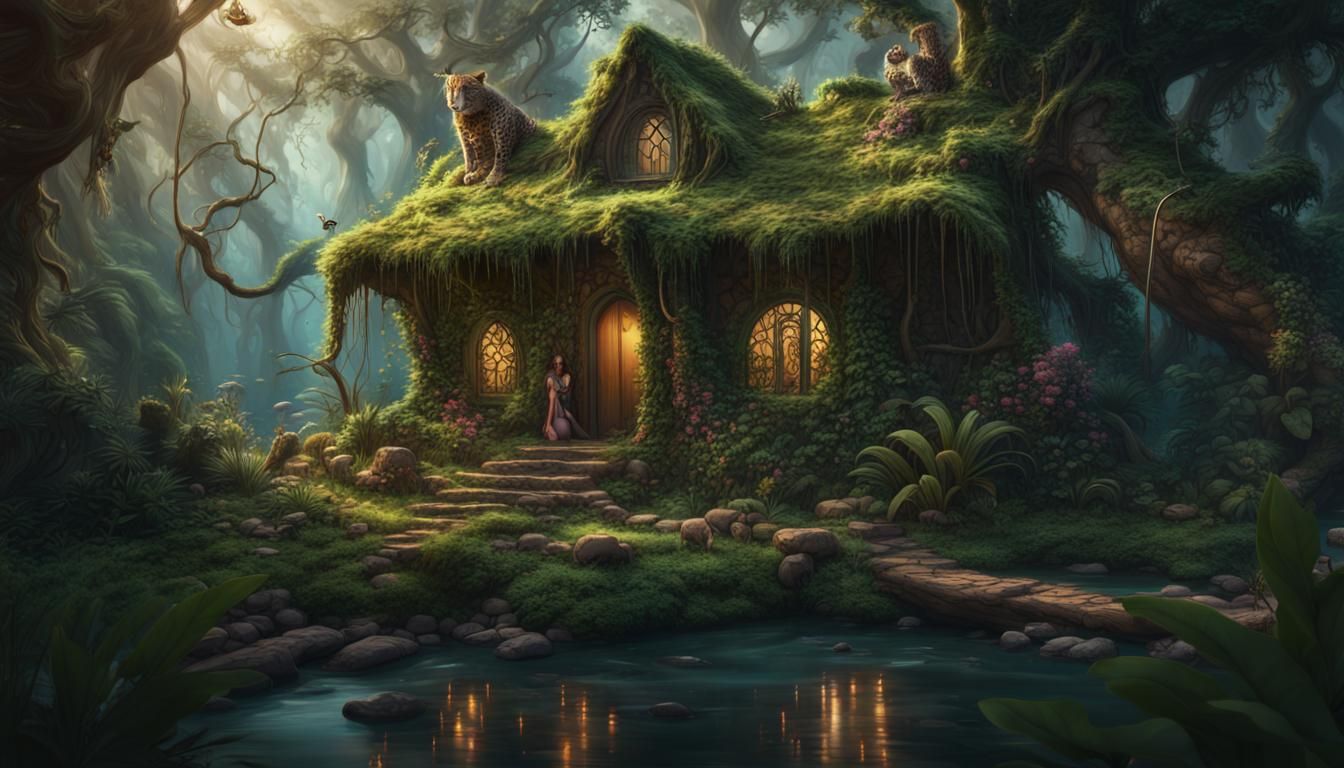 Jungle Fairy Cottage Watched by Leopard: Detailed Matte Pain...