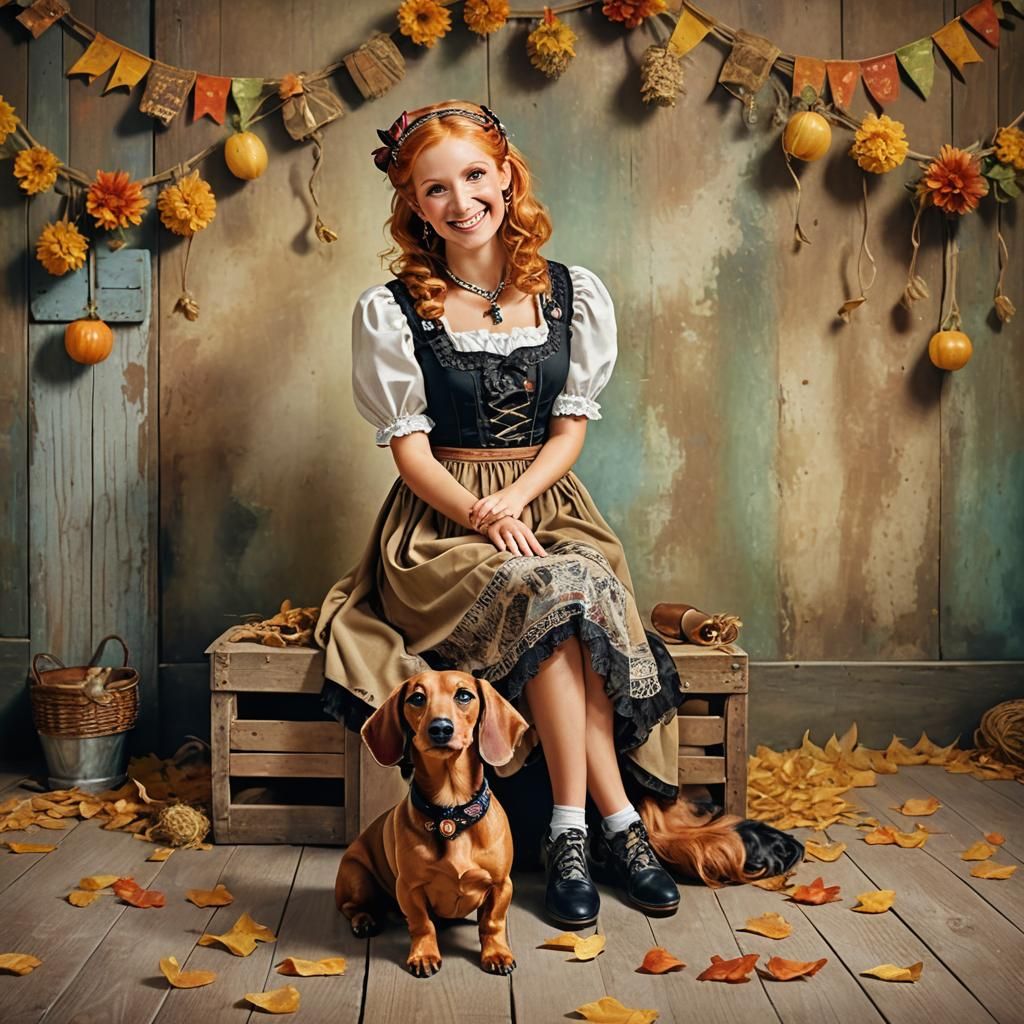 Oktoberfest Woman with Dachshund in Detailed Matte Painting