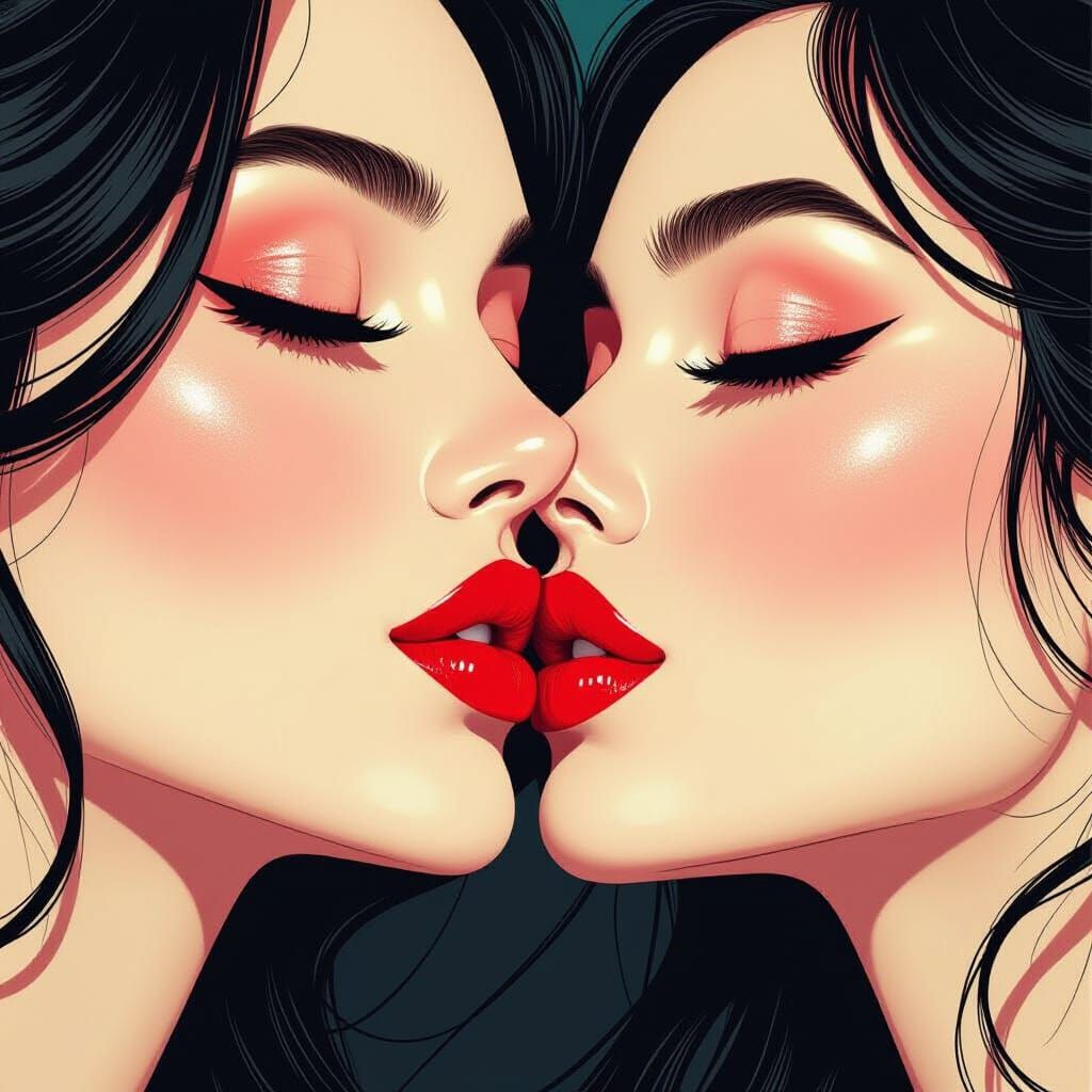 Bright Red Lips Kissing with Intricate Details