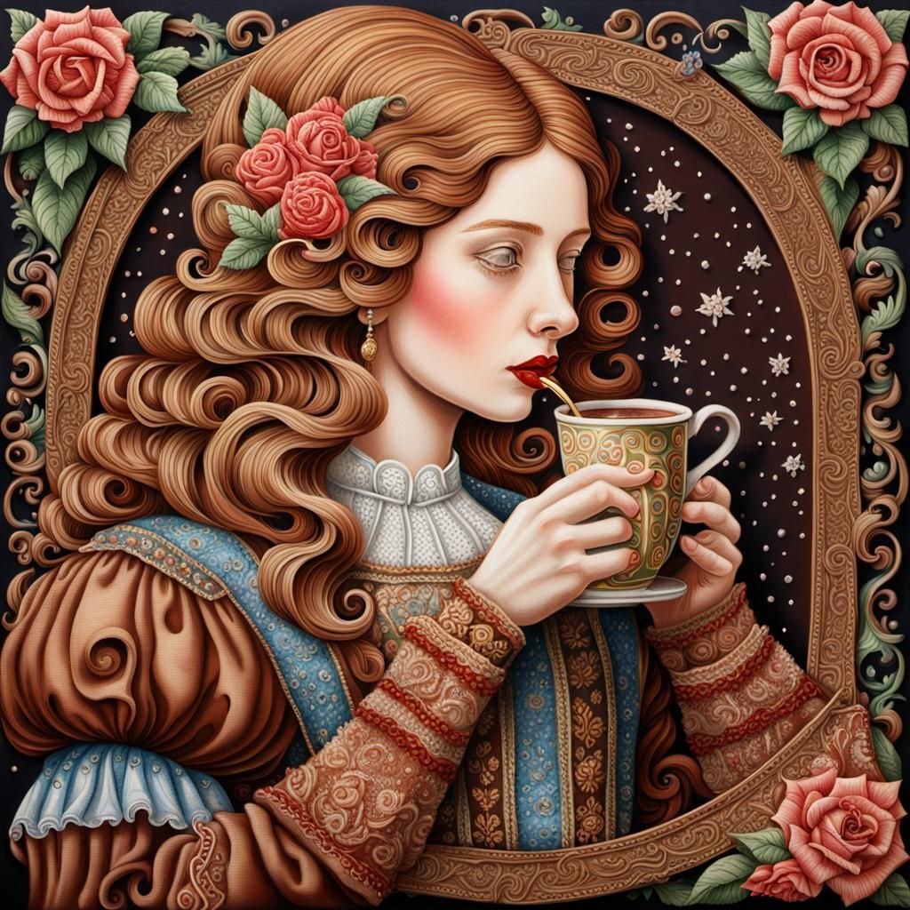 Noble Lady Sipping Hot Chocolate: Pointillism Painting