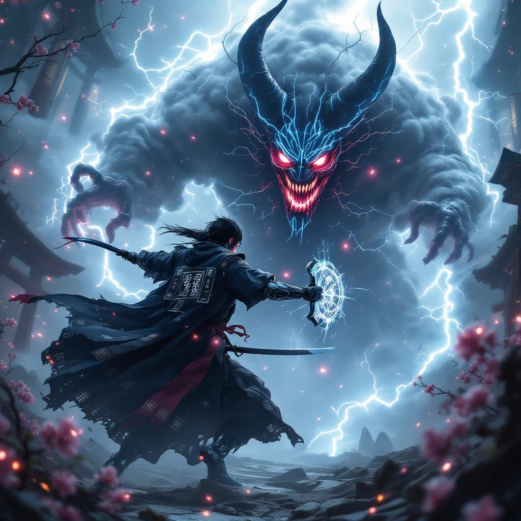 Cyber Yokai Hunter Fights Glitching Spirit in Neon Realm