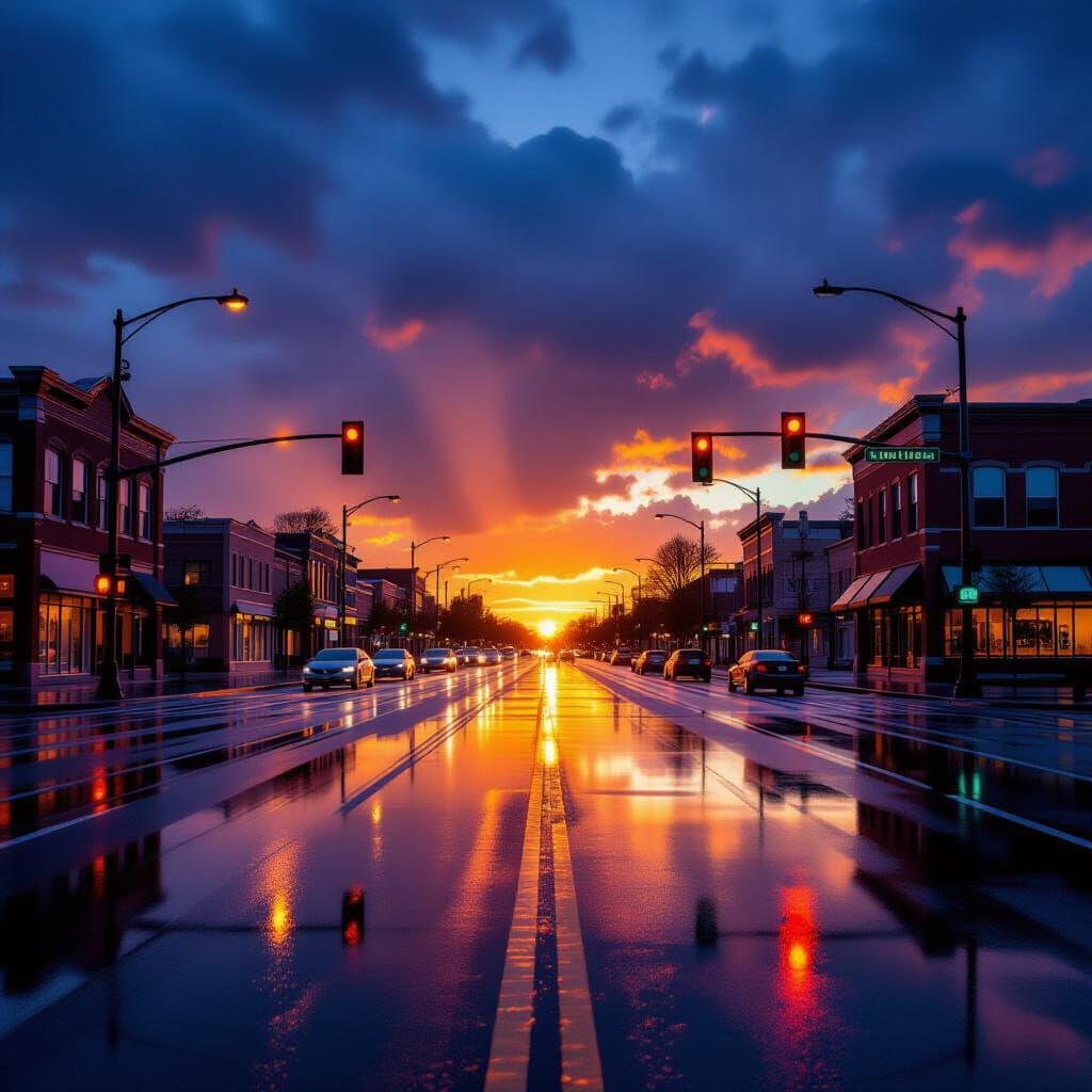 City Street Reflects Sunset After Storm