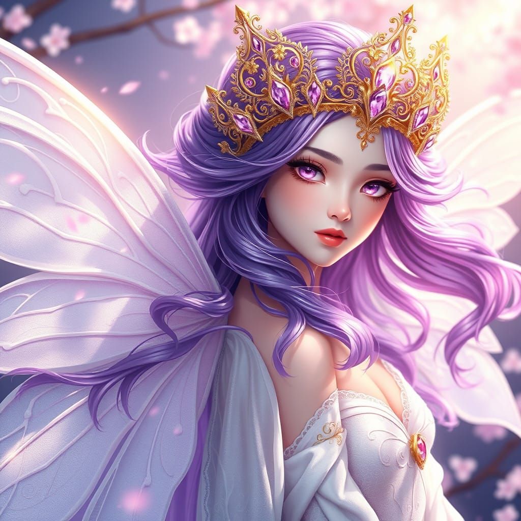 Ethereal Angel in Springtime with Butterfly Wings and Amethy...