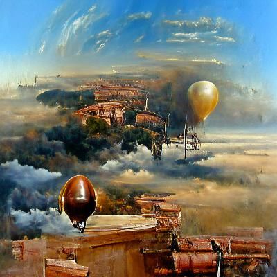 Steampunk Zeppelin Over Ancient City at Dusk