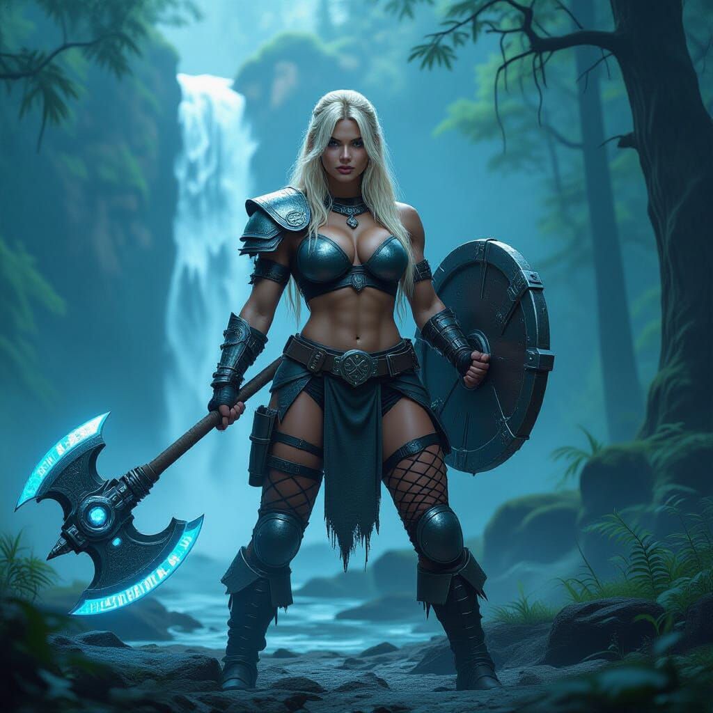 Barbarian Woman with High-Tech Axe in Neon Forest