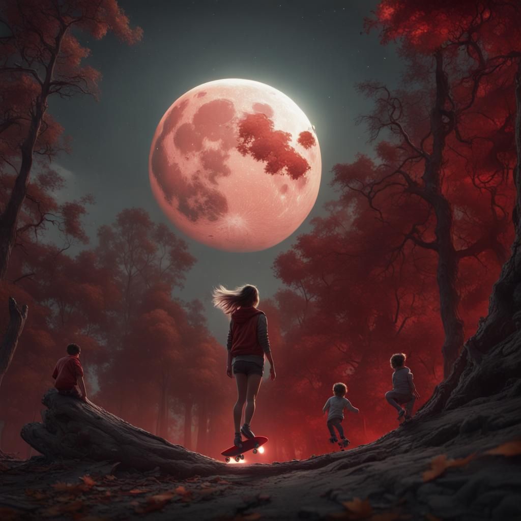 Woman Skateboarding Before the Moon, Fantasy Art