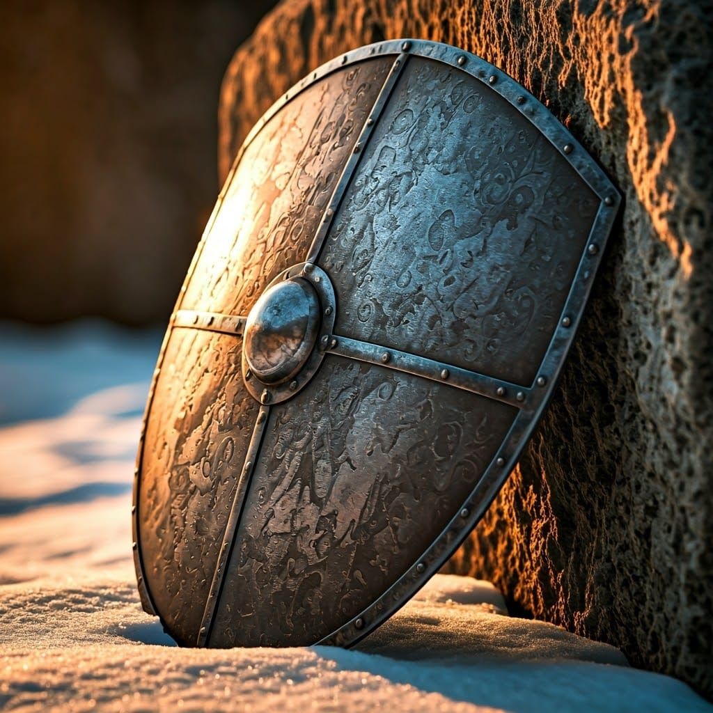 Medieval Shield Reflects Ancient Battle Scene in Ethereal Li...