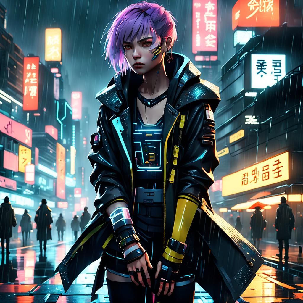 Cyberpunk Sci-Fi Protagonist in Rainy City
