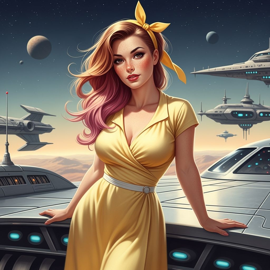 Confident Woman on Spaceship Deck in Retro Sci-Fi Style