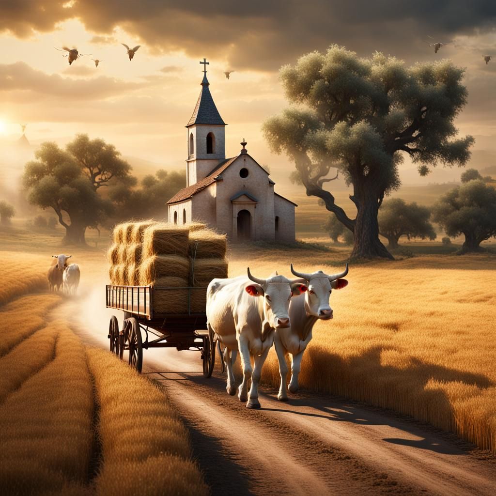 Hay Wagon Journey Through Wheat Fields: Digital Matte Painti...