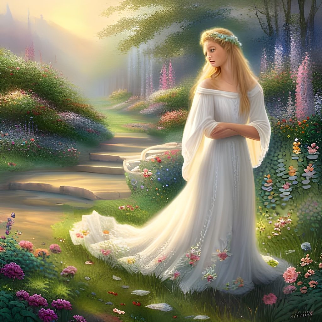 Ethereal Woman in Floral Dress, Hyperdetailed Fantasy