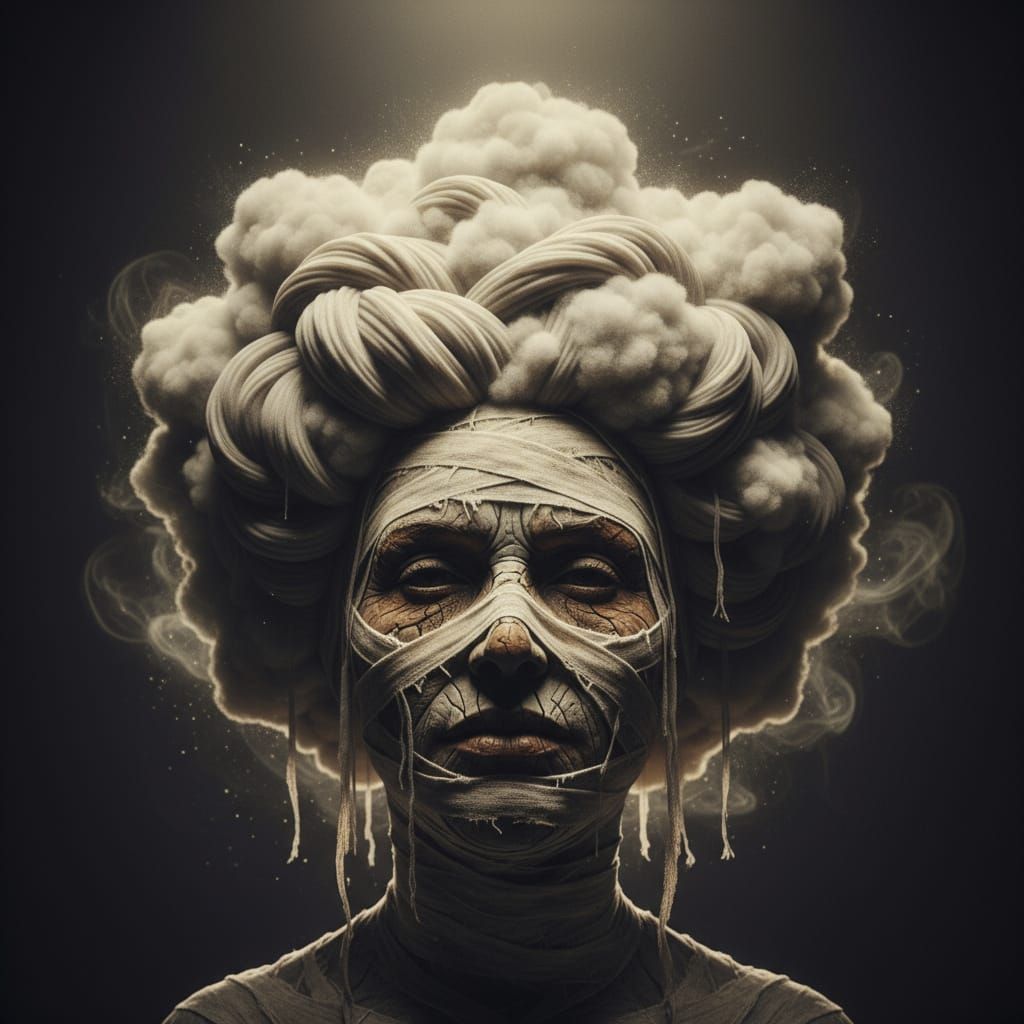 Mummy Face with Cloud Hairdo in Surreal Vintage Style