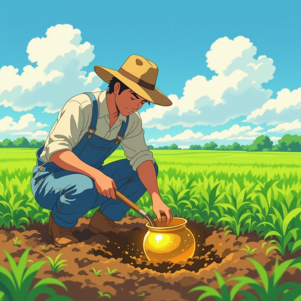 Farmer Unearths Golden Pot: Impressionistic Style