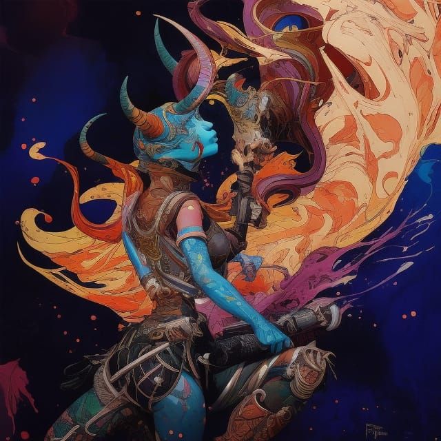 Tiefling Character: Hyperdetailed Gouache Oil Illustration