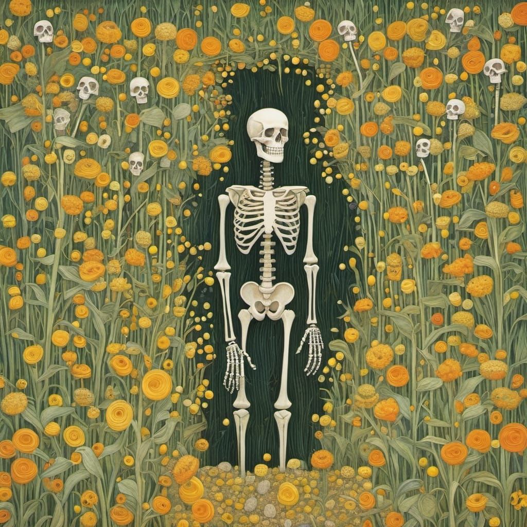 Skeletons Navigating a Corn Maze in Klimt Style