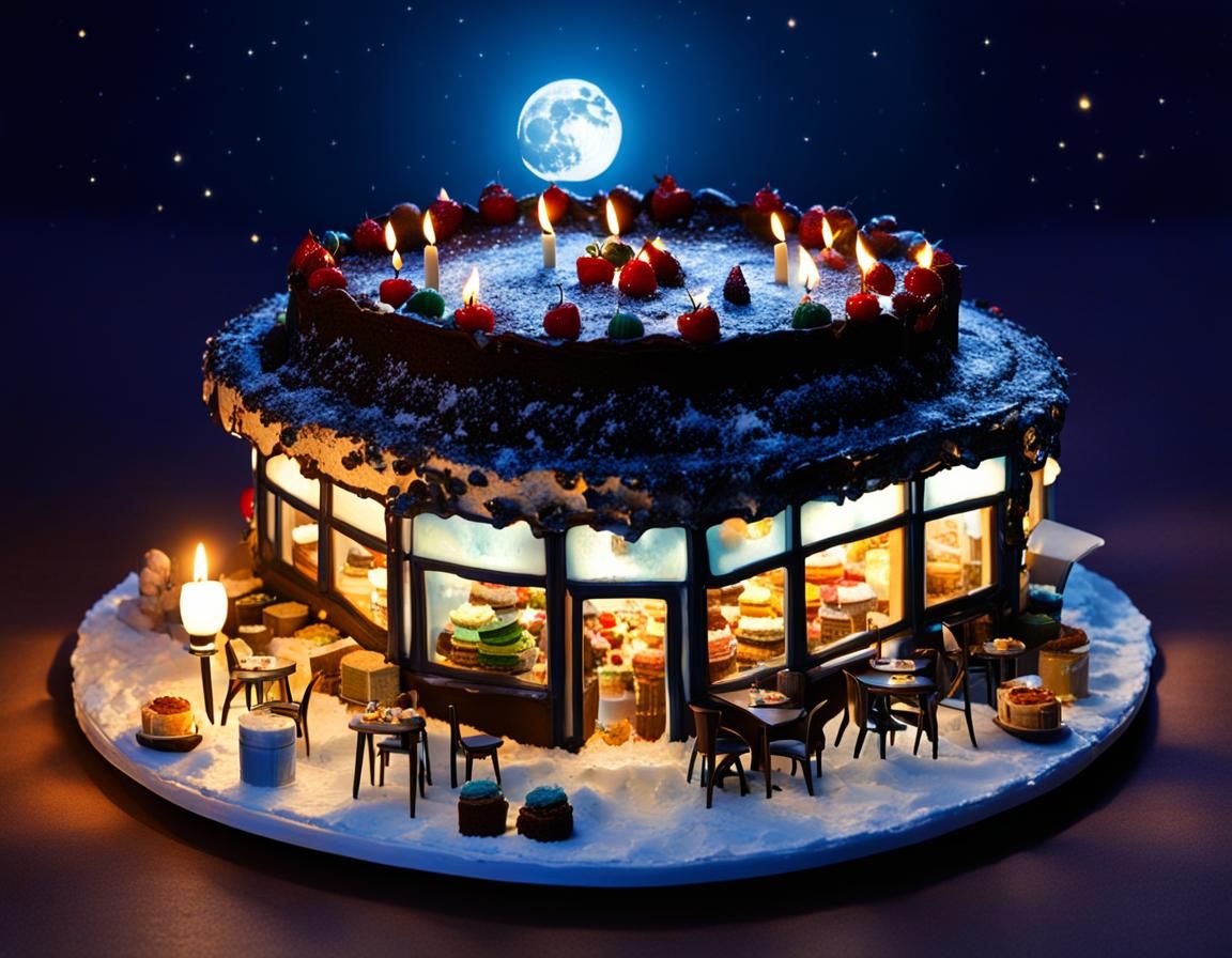 Night Cafe Cake with Moonlit Path