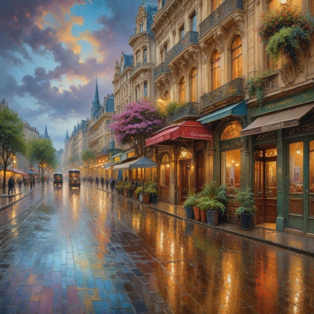 Whimsical Art Nouveau Street Scene at Sunset