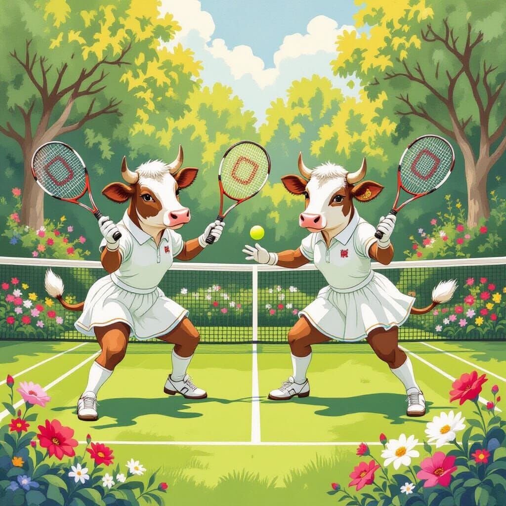 Cows Play Tennis: A Fantasy Art Illustration