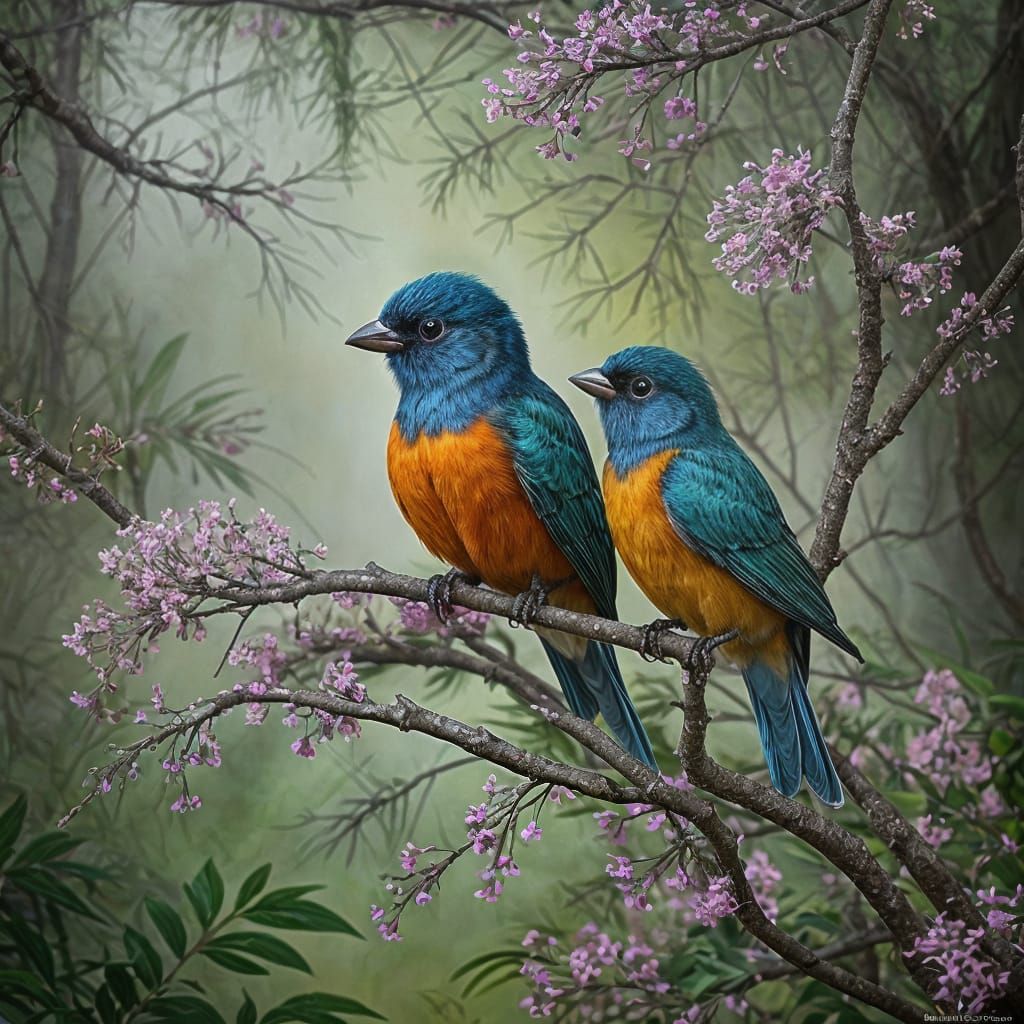 Lilac-Breasted Rollers in Ink Painting Style