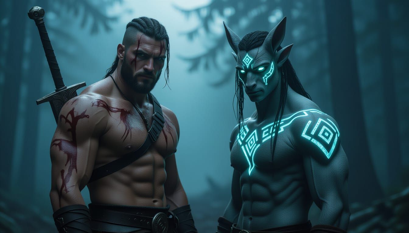 Mystical Centaur and Warrior in Moody Forest