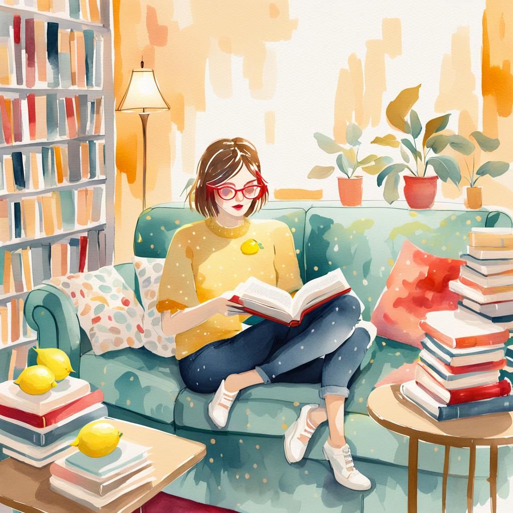 Lemon Girl Reading: Whimsical Watercolor Illustration