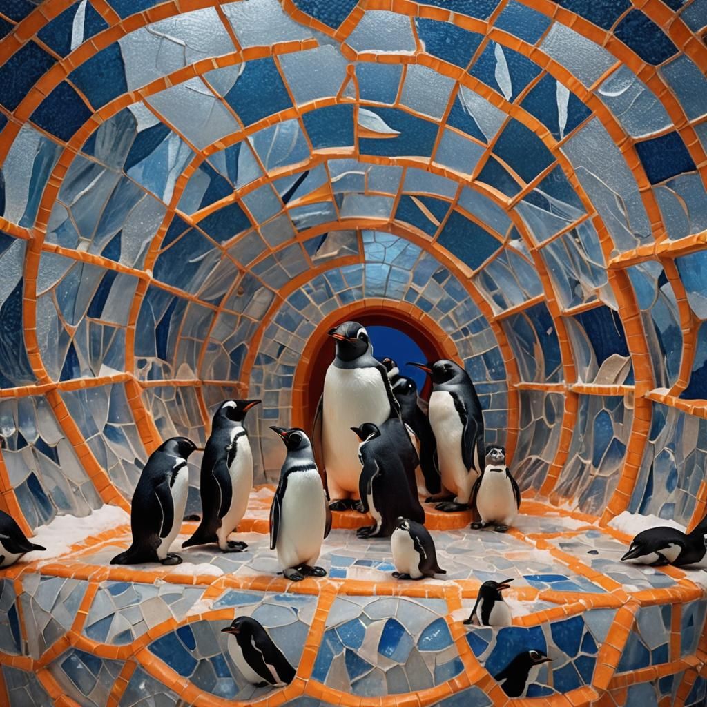 Penguins in Igloo: Intricate Mosaic Portrait
