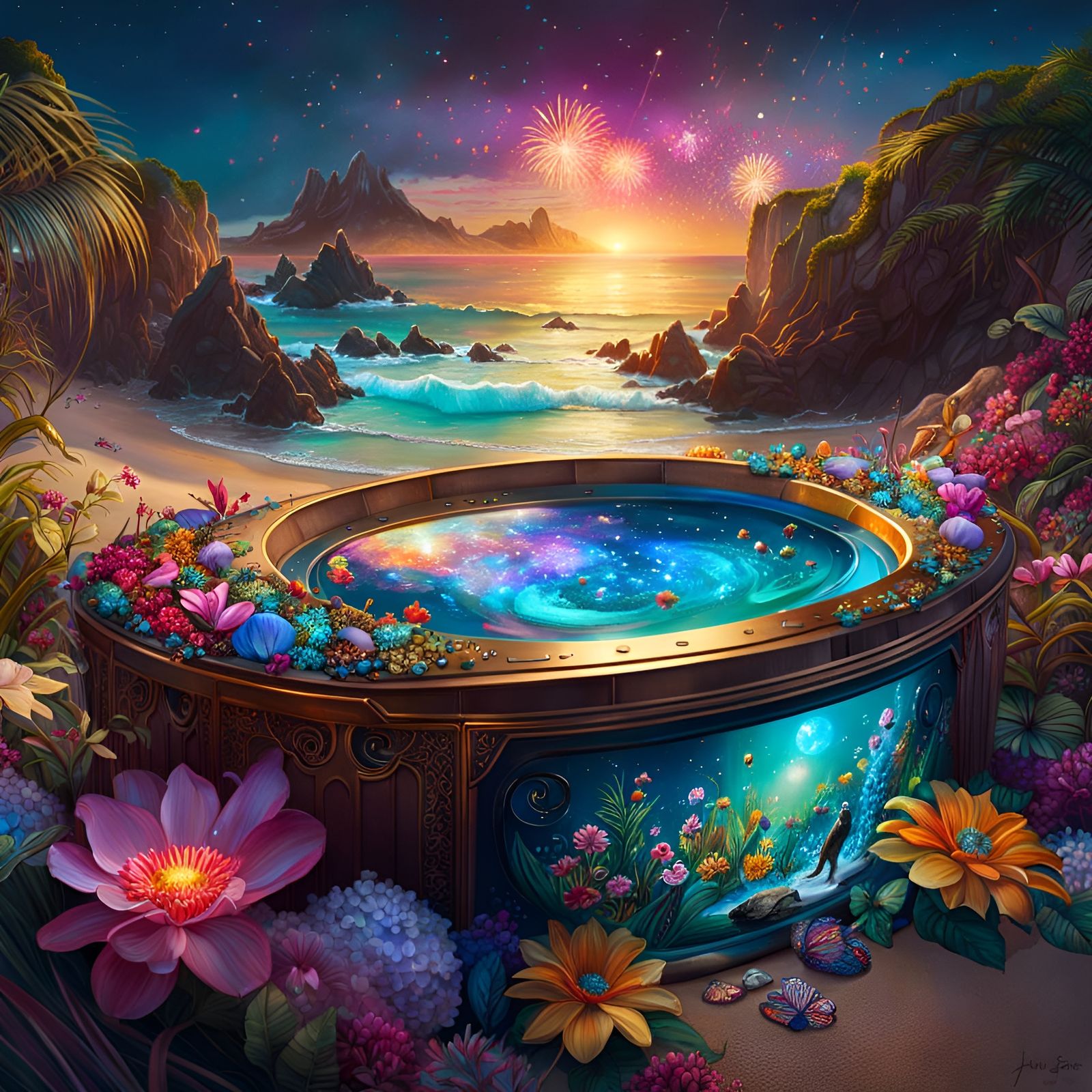 Secluded Beach Hot Tub in Fantasycore Style