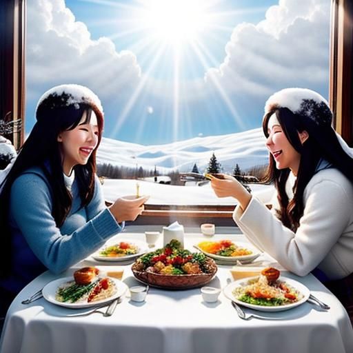 Friends Sharing Joyful Meal in Falling Snow