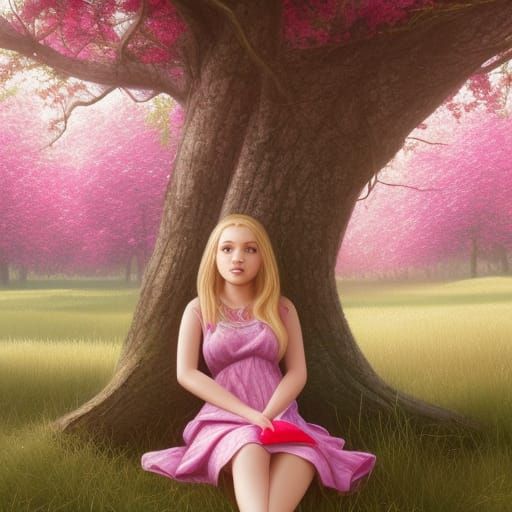 Girl Under Blossoms: Hyperdetailed Fantasy Art