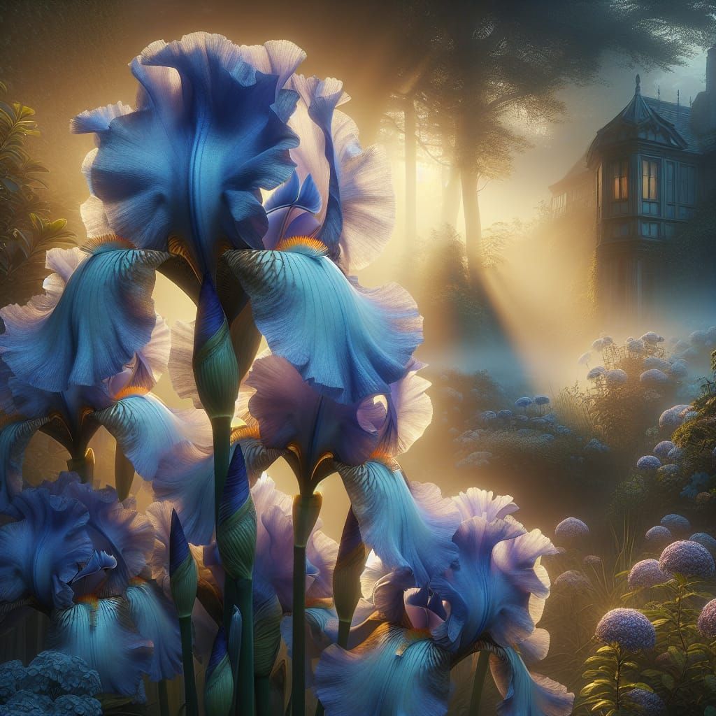 Dawns light rests on a soft blue tall iris flower in the Vic...