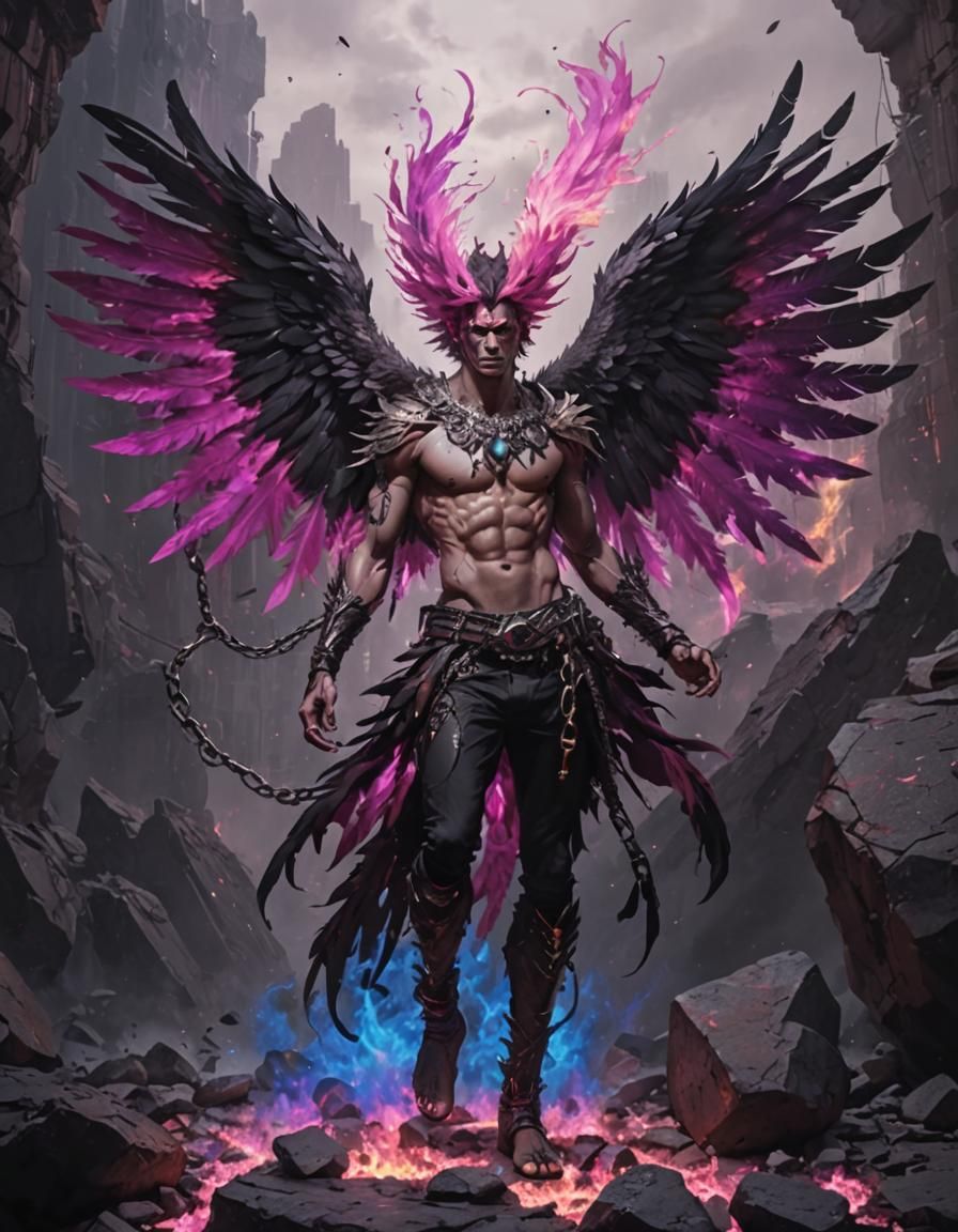 Shirtless Fire Harpy in Glitched Neofuturistic Landscape