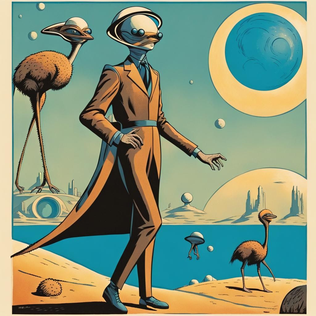 Retrofuturistic Man Lands on Alien Planet, Vintage Sci-Fi