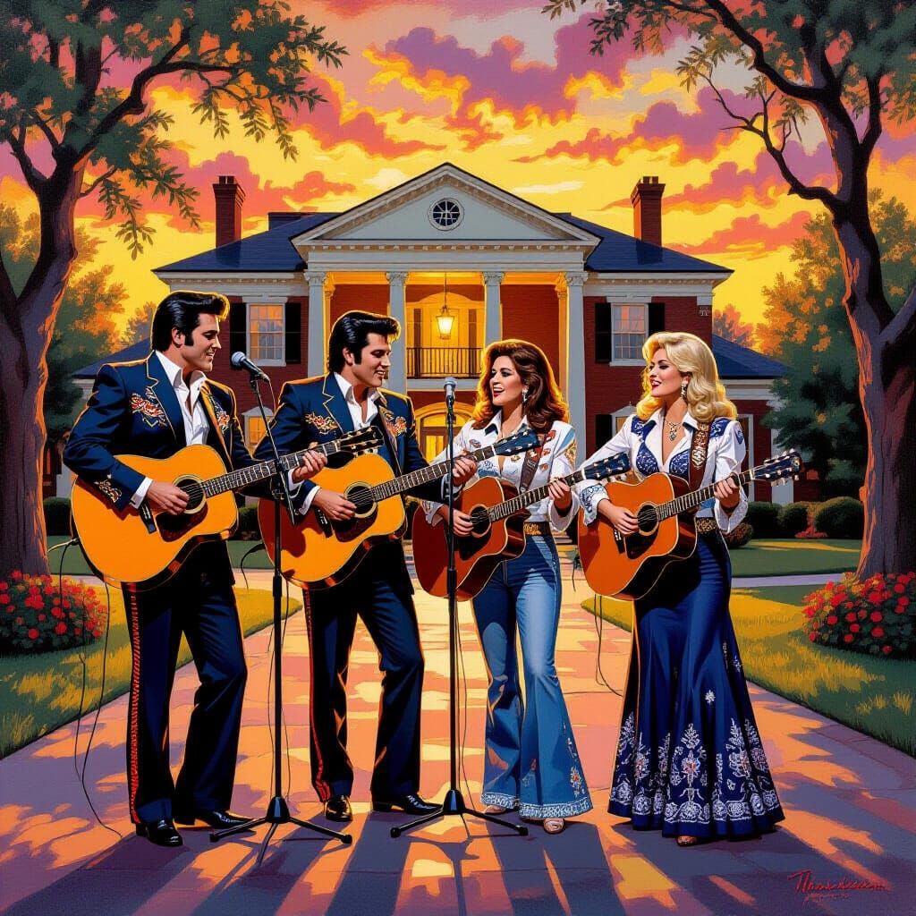 Music Legends Sing at Graceland in Oil Painting Style