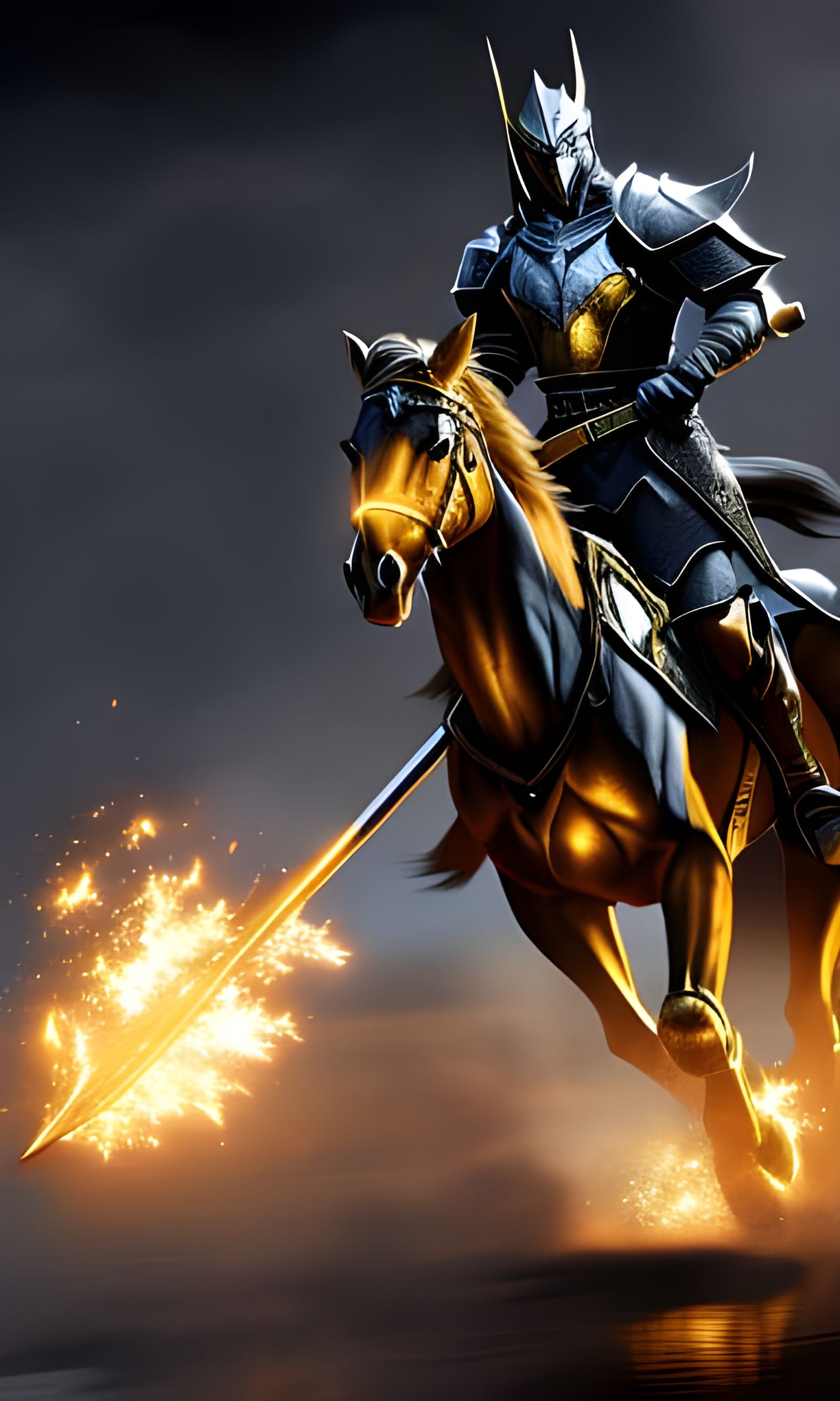Glimmering Knight on Golden Horse, Dark Fantasy Art