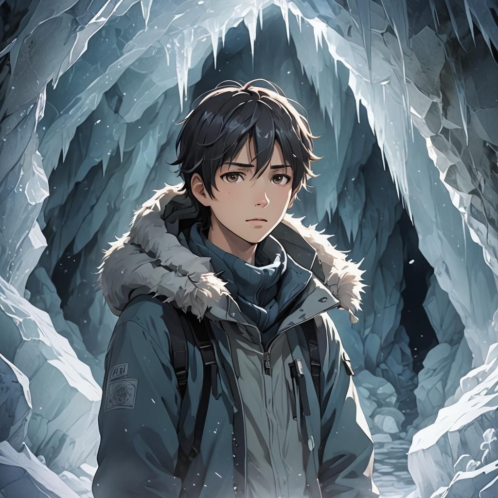 Melancholy Anime Scene in Ice Cave