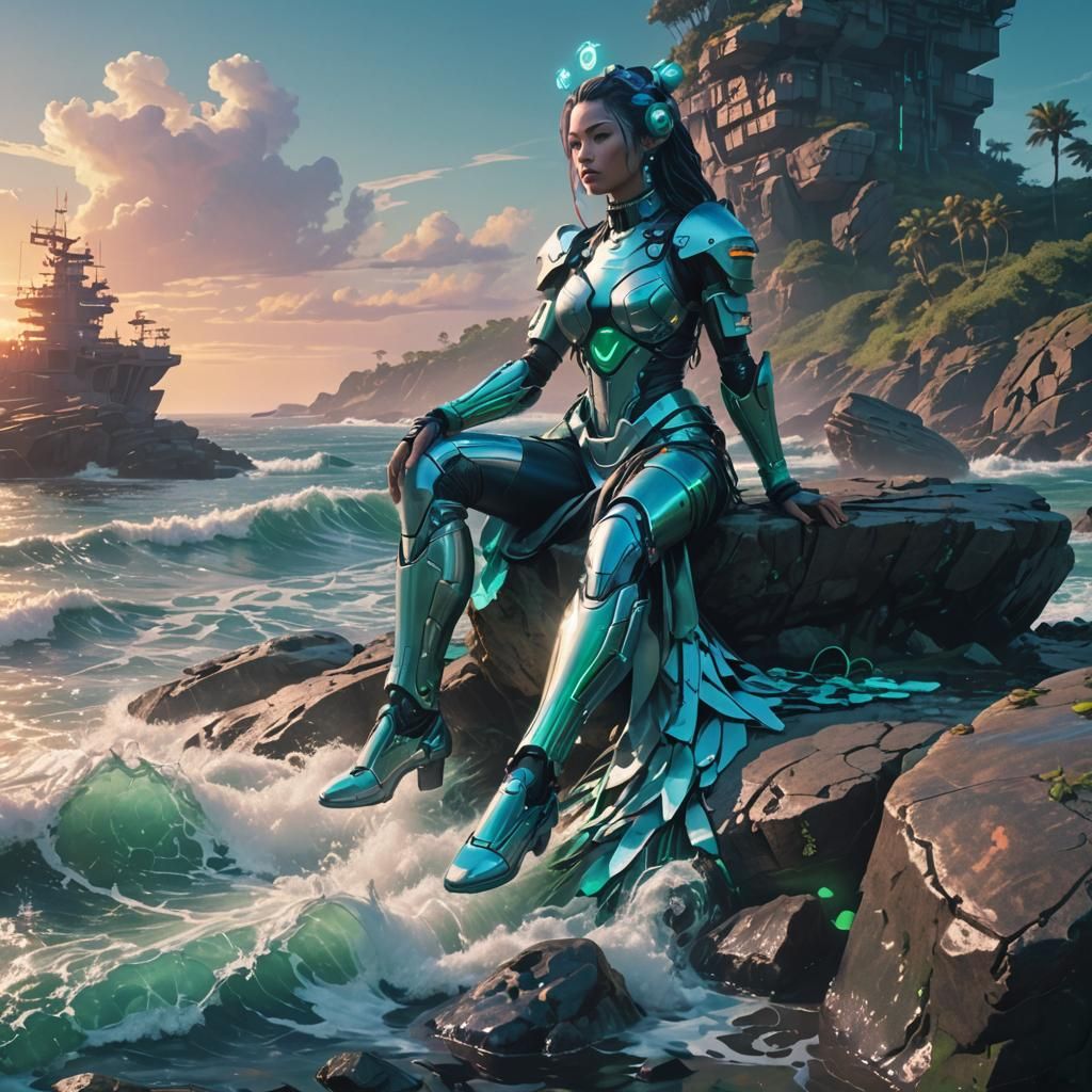 Cybermaid on Ocean Rocks in Cyberpunk Style