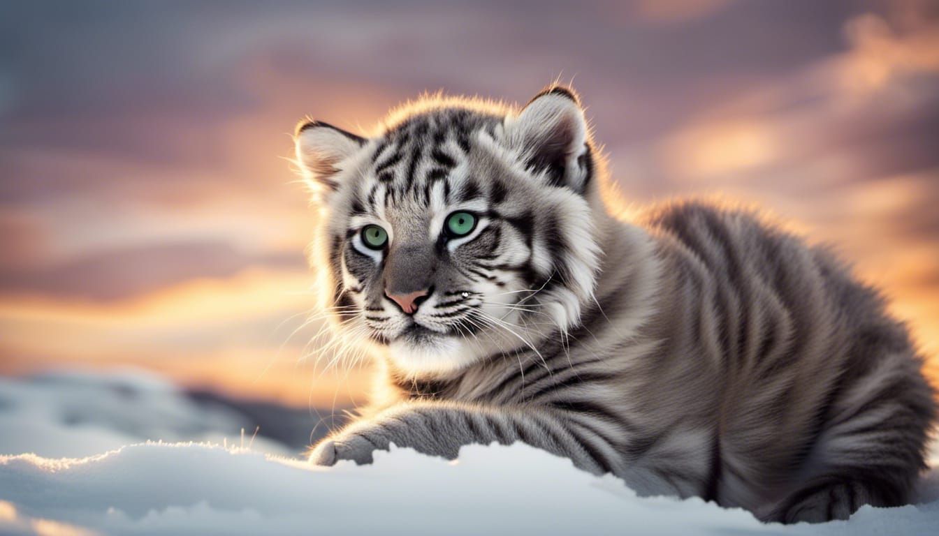 Gray Tiger Kitten in Snowy Arctic Sunset Photo