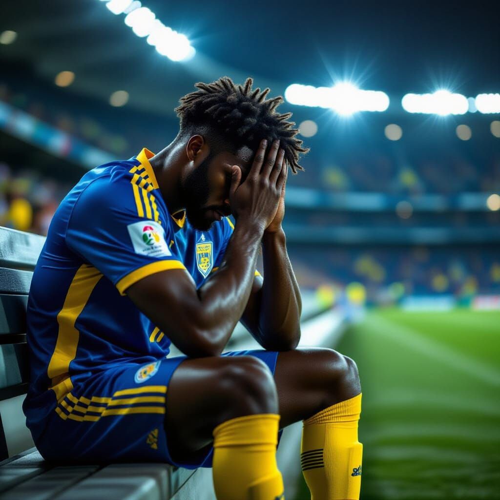 Dejected Soccer Player on Bench in Dramatic Lighting