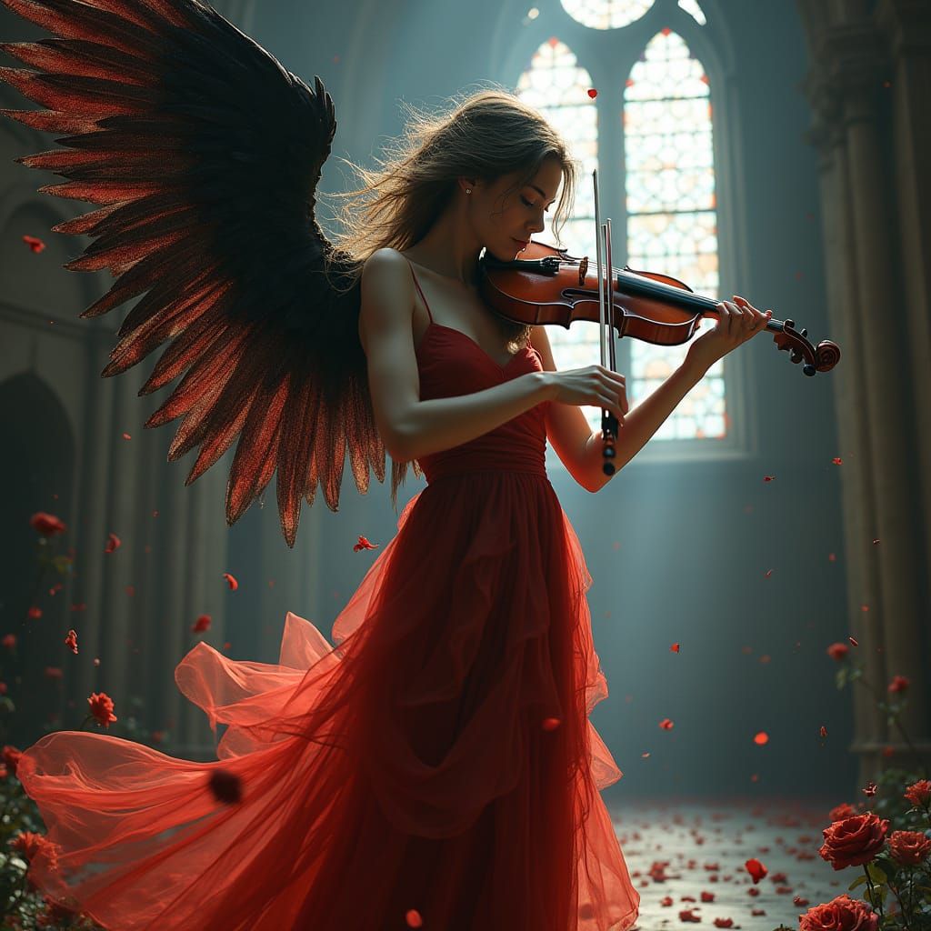 Ethereal Angel with Glowing Violin in Ancient Cathedral