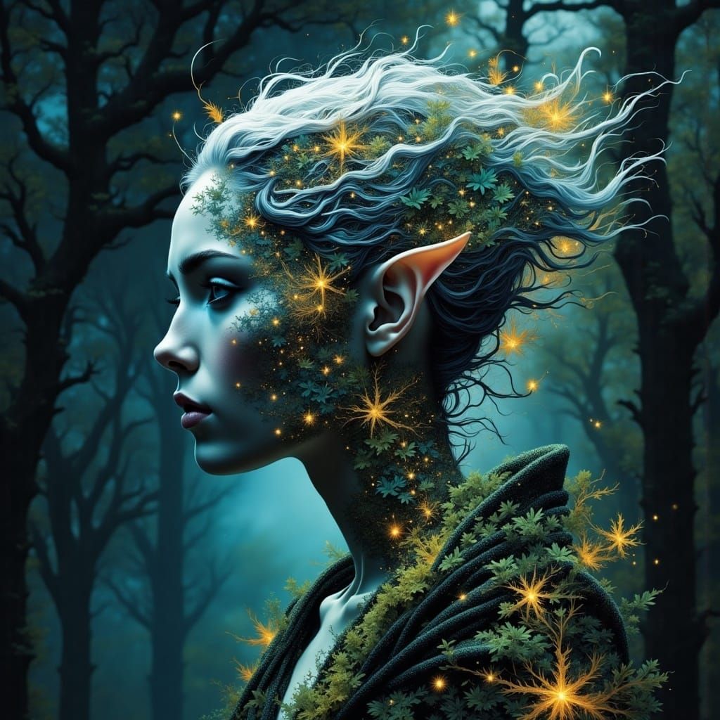 Ethereal Elf in Dreamlike Forest, Double Exposure Effect