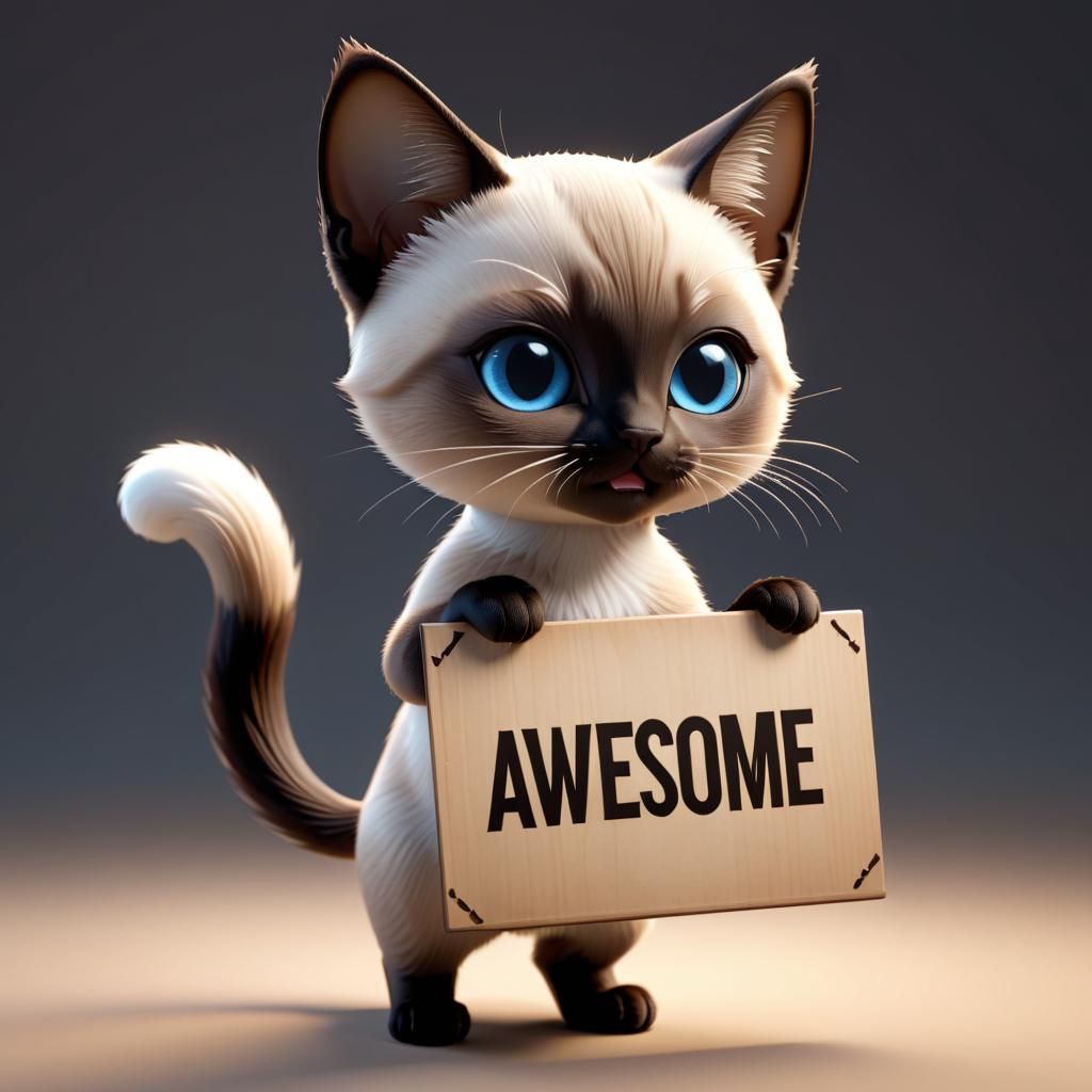 Chibi Siamese Cat Holds Awesome Sign: 3D Render