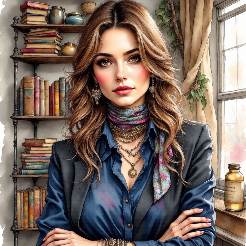 Stylish Woman in Ink, Reminiscent of Contemporary Portraitur...