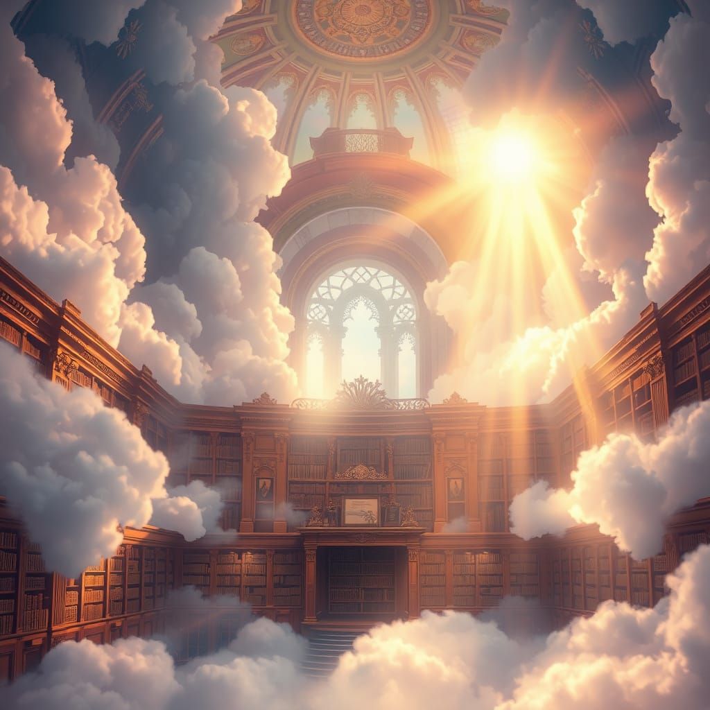 Celestial Library in Clouds with Divine Light
